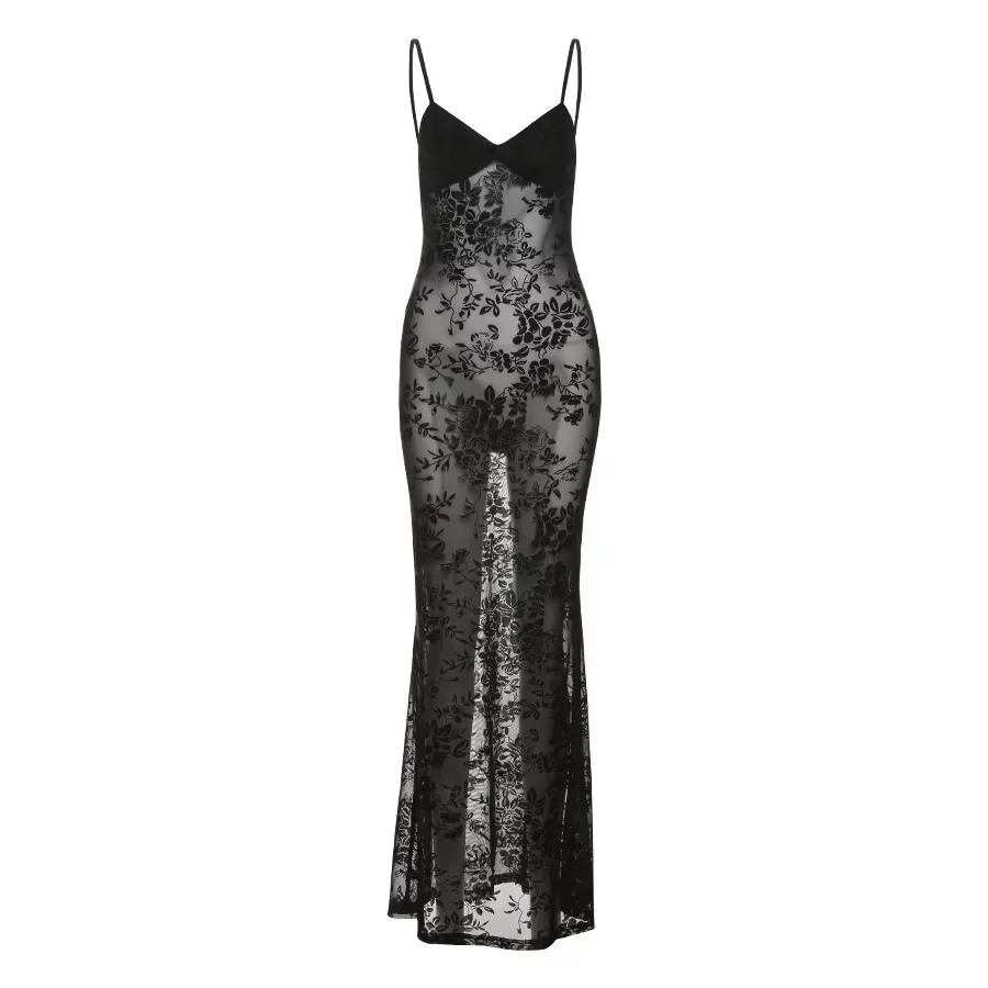 Sisterlinda dentelle col en v Robe Maxi Sexy Coquette chaude Spaghetti sangle dos creux gaine Robe femme pure superbe fête Robe