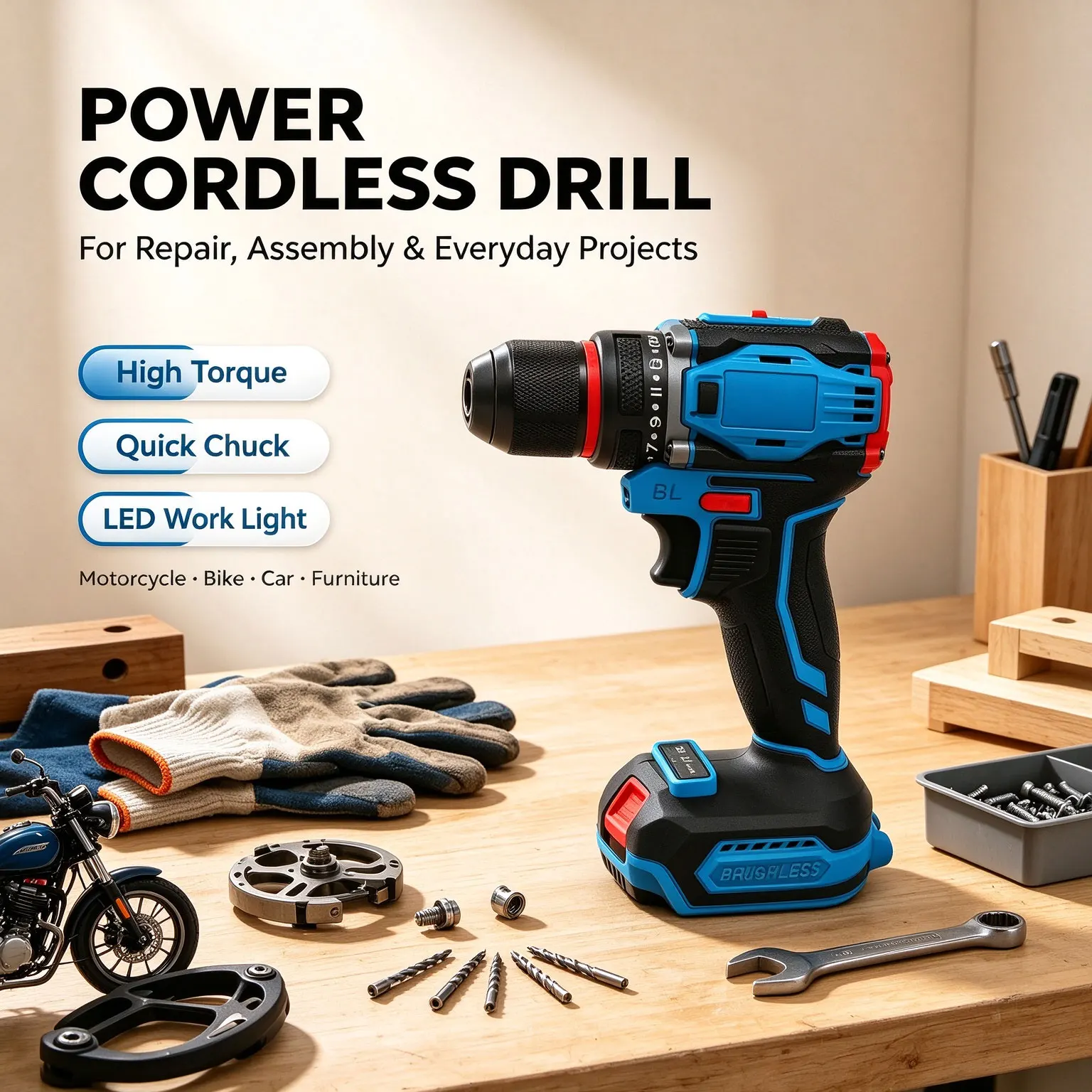 Brushless Cordless Electric Drill and Screwdriver Impact Power Tool for Home DIY and Professional Construction No Battery Includ