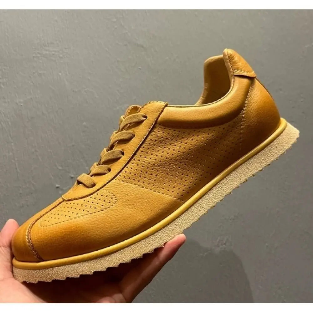 Warm Yellow Perforated Leather Casual Sneakers, with gum-like thick sole, breathable and stylish,