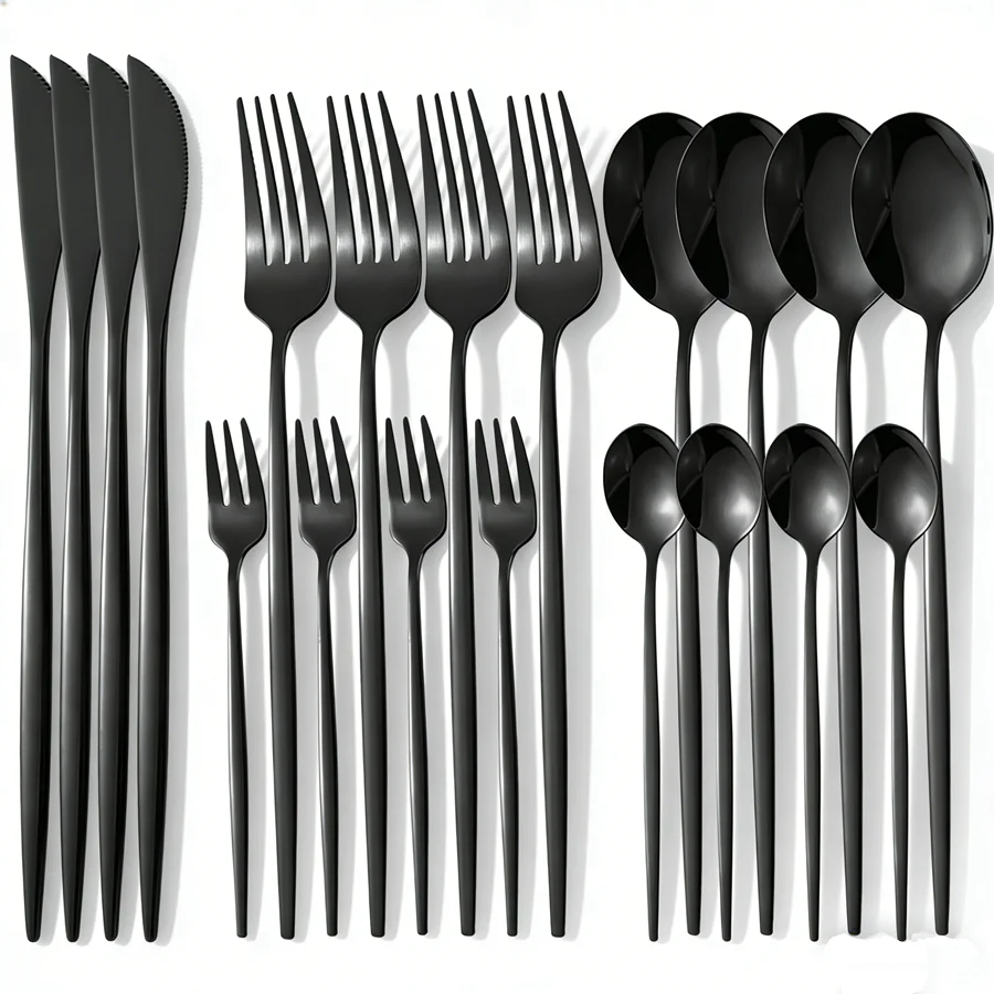 Stainless steel cutlery set, black, 20 pieces; Portuguese stainless steel cutlery for 5 people; elegant Western cutlery; dishwas