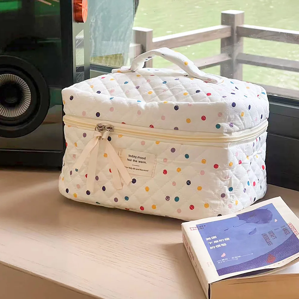 Women Colorful Dots Tote Makeup Storage Bag Portable Travel Organizer Cosmetic Quilted Bag Handbag Ladies Pouch For Lipsticks