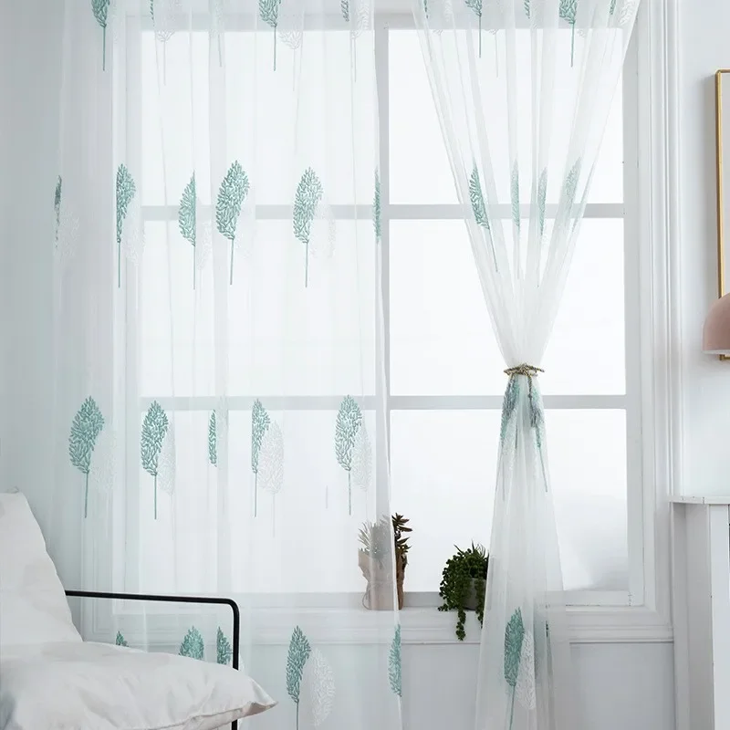 Window Leaf Embroidered Screen Window Screen Blue White Double Tree Gauze  Tulle 1PC Curtains Living Room Bedroom Balcony Bay