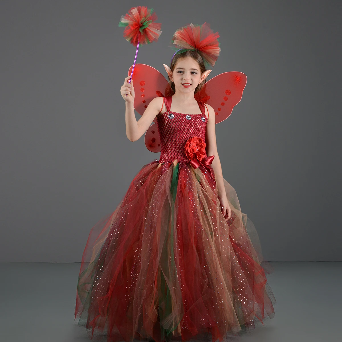 Sparkly Fall Woodland Fairy Girls Gown Tutu Dress Kids Forest Fairyland Princess Costumes with Wings Flowers Party Ball Gown