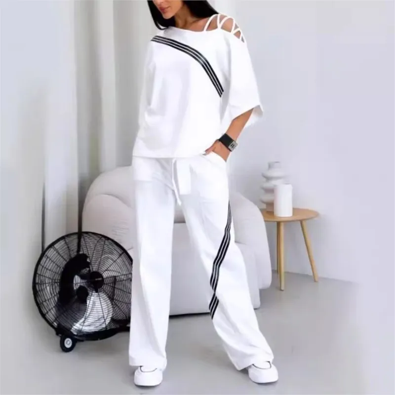 Autumn Fashion Casual Women Two Piece Set Half Sleeved Off-shoulder Oblique Neck Stripes Color-blocking Loose Sports Suit Female