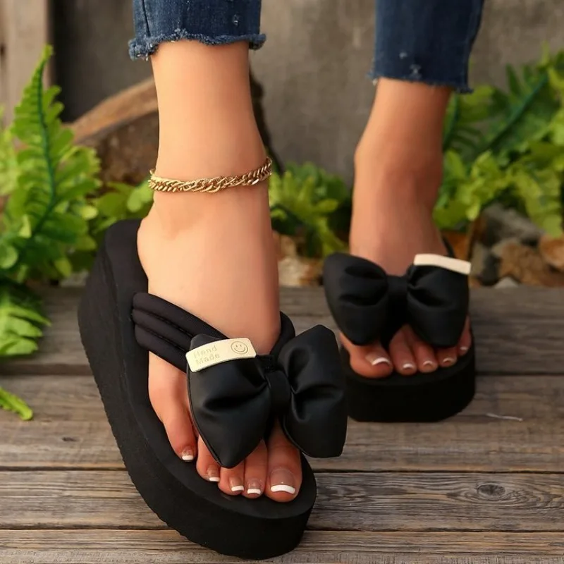 Women's Thong Sandals Wedge Platform Open Toe Slip on Shoes Featuring Elegant Bow Accent and Smooth Finish for Summer Vacation