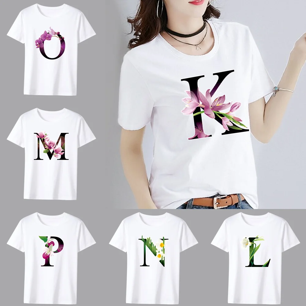 Letter Combination Fashion Women T-shirt Flower Color Letter Font A B C D E F G Short Sleeve Tops White T-shirt Clothing Tops