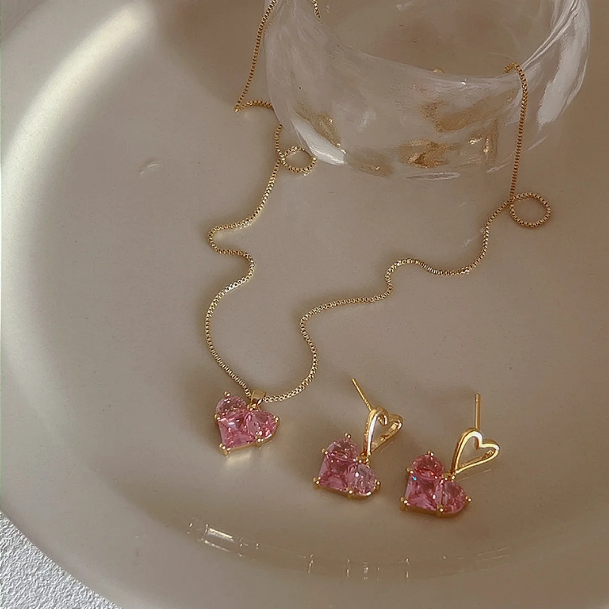 3pcs Trendy Y2k Heart-shaped Zircon Pink Crystal Pendant Earrings Necklaces Set for Women Heart Elegant Exquisite Party Jewelr image 4