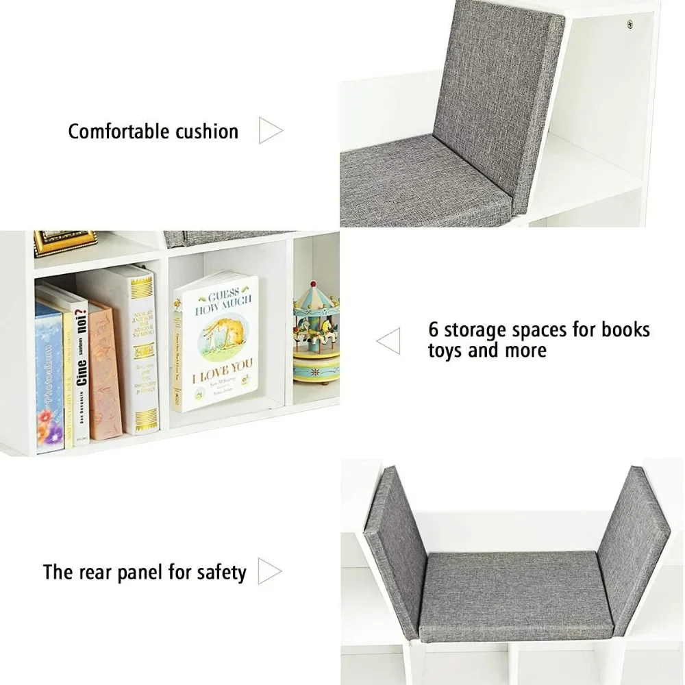 Estante Multi-Propósito com Almofada Reading Nook, Organizador De Armazenamento, Prateleira Do Armário, Almofada Macia, Grosso, 6 Cubby