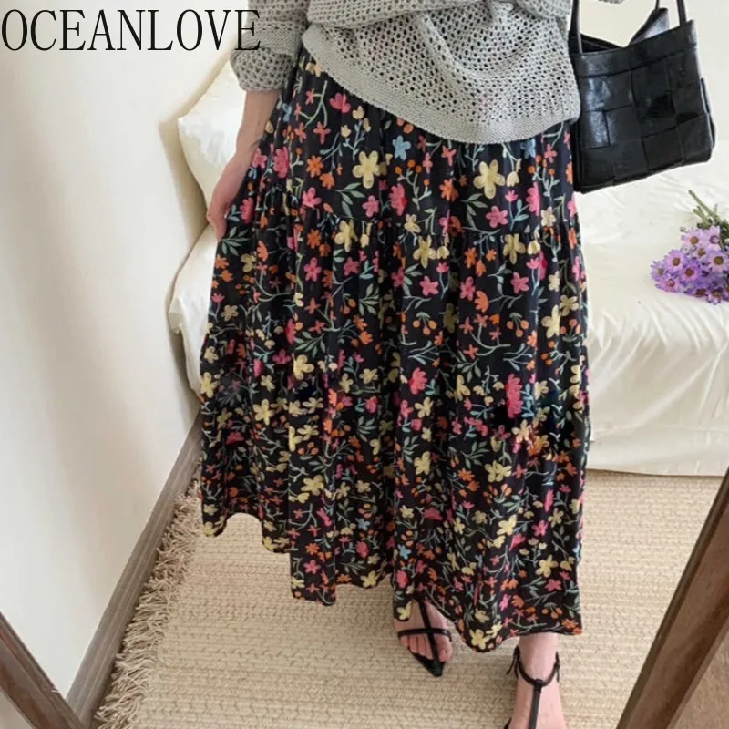 

OCEANLOVE Floral Women Skirts A-line Sweet Spring Summer Vintage Faldas Mujer Korean Fashion Elegant High Waist Jupe Femme