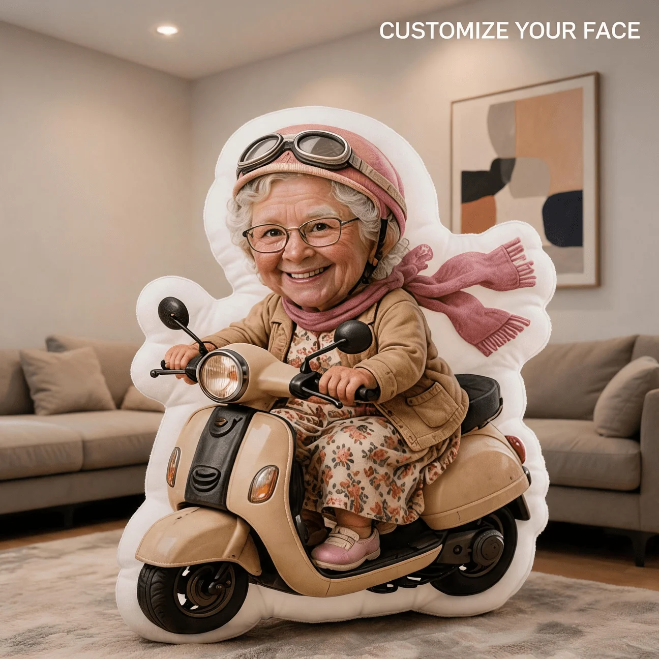 Personalized Photo Face Pillow with Custom Photo Upload - Large Scooter-Shaped Cushion Suitable for Sofa & Bed, Elderly Woman Sc