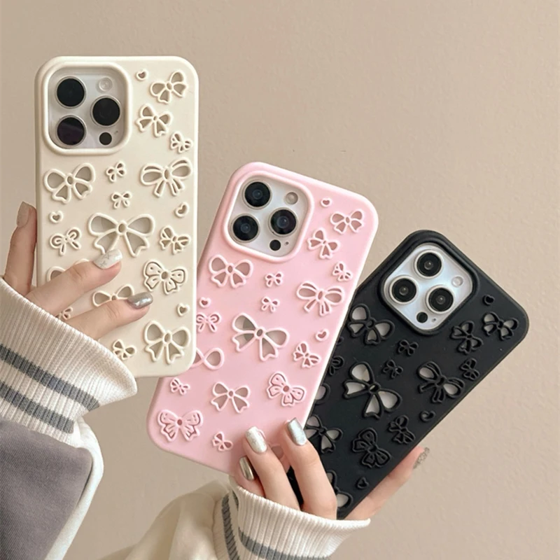 

Cute 3D Pretty Bowknot Hollow-Out Soft Silicone Case For iPhone 13 14 15 16 17 Air Pro Max Phone Back Cover