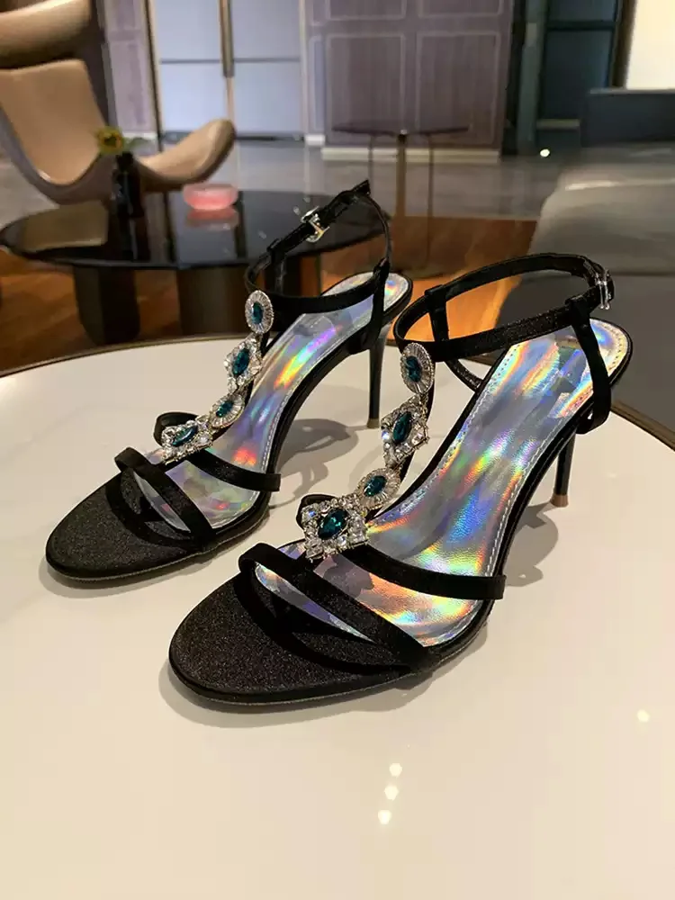 

Women's Black Rhinestone Emerald Crystal Stiletto Heeled Sandals Open Toe Ankle Strap Evening Shoes Sparkly Formal Footwear