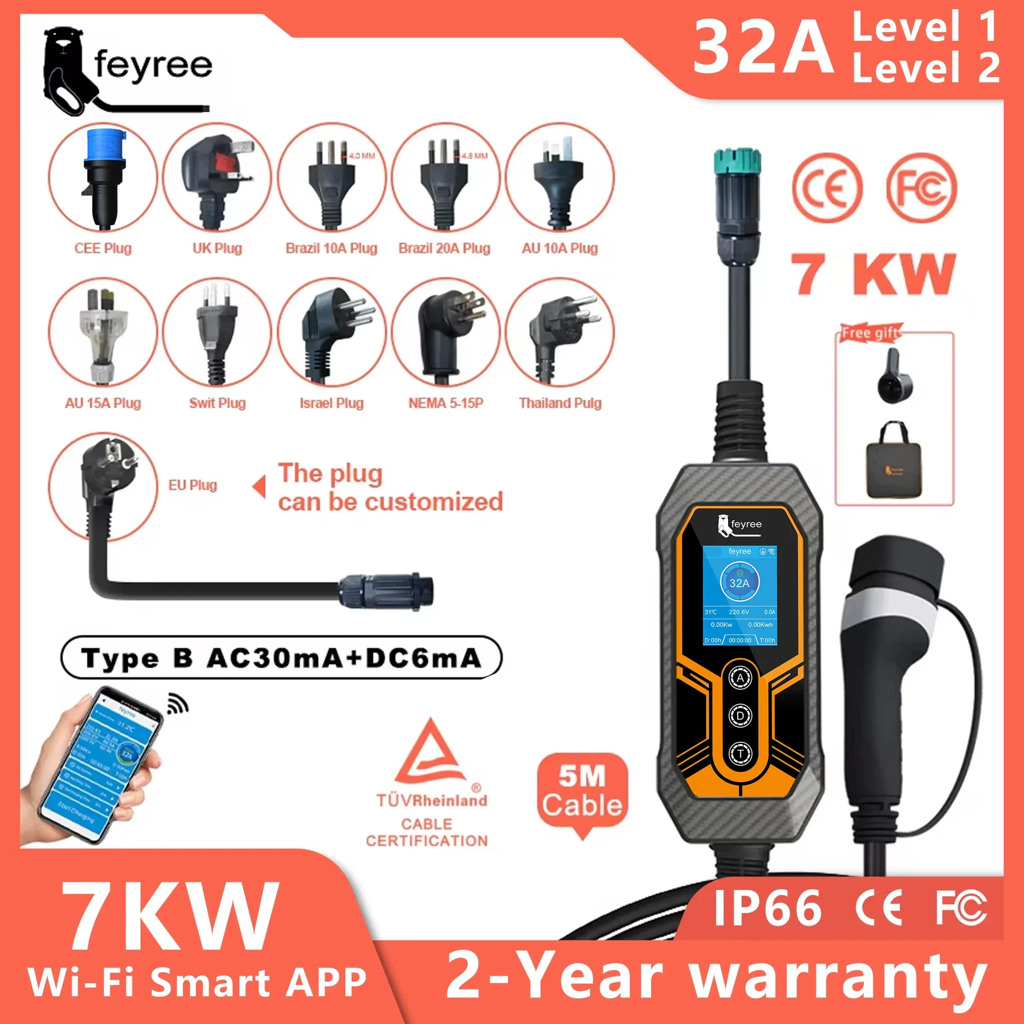 feyree Type2 Cable 7KW 32A Portable EV Charger APP WIFI Control Current Adjustable Set Delay Time EVSE for Electric Car Chager