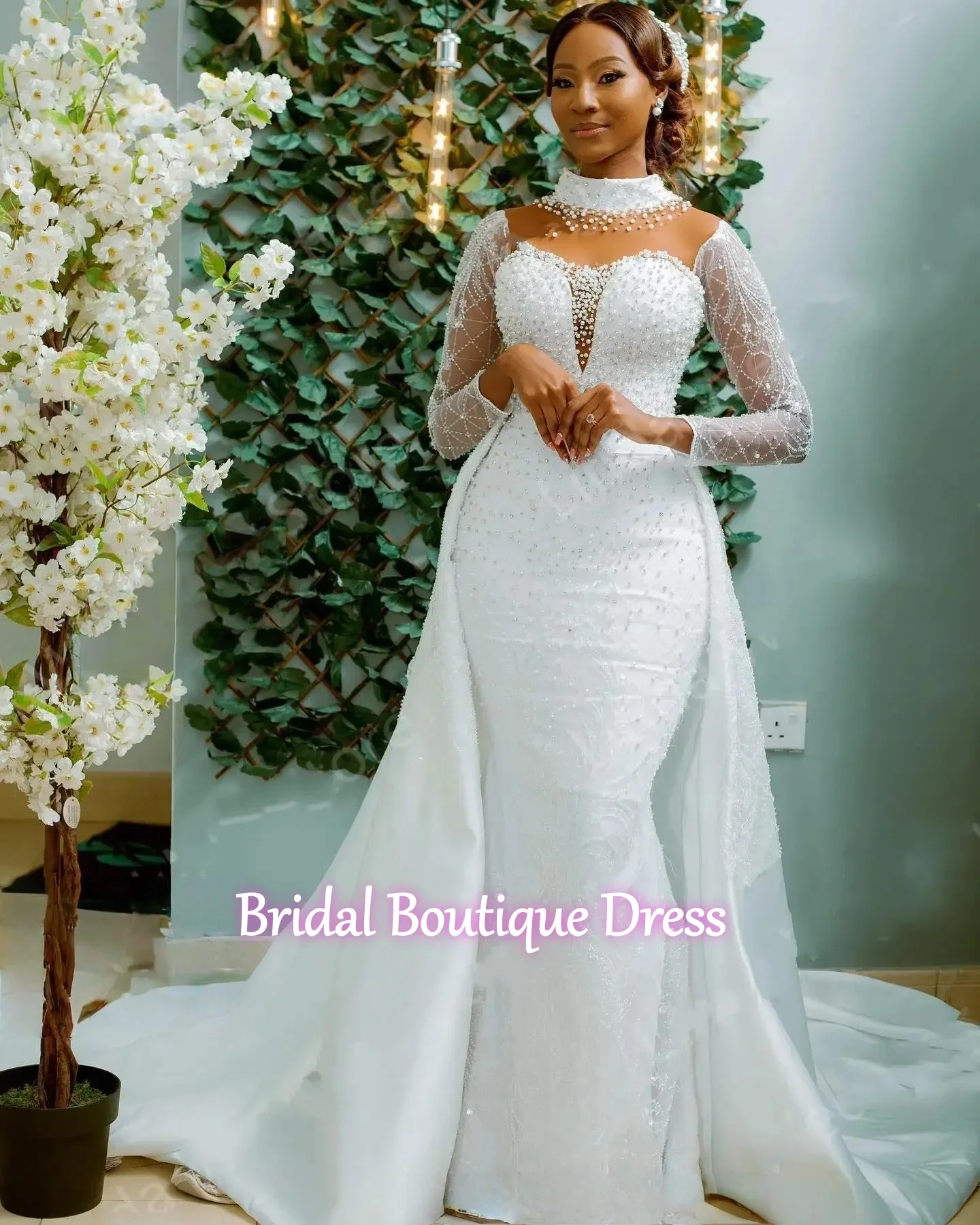 

Изысканное свадебное платье на заказ с высоким воротом, расшитое тяжелыми жемчужными бусинами, с длинными рукавами и отстегивающимся шлейфом, роскошное свадебное платье Vestido Noiva