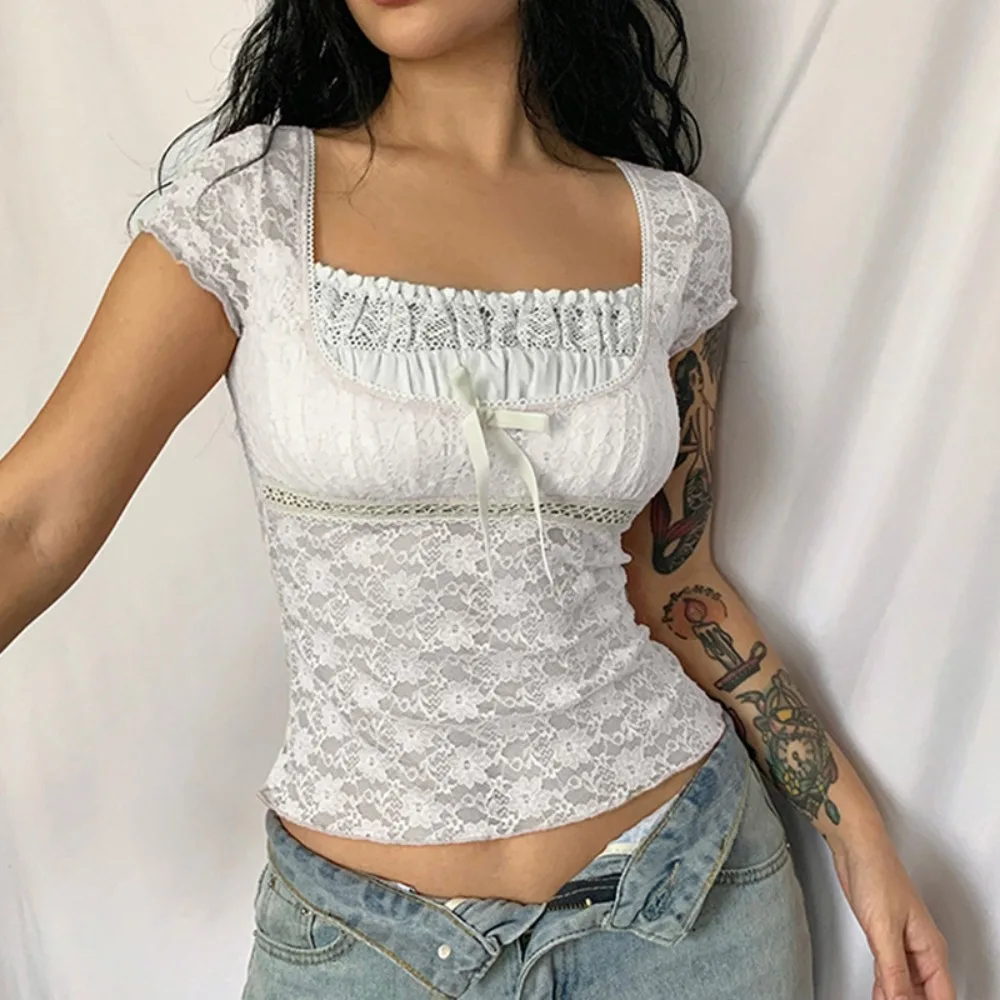 2025 New Retro Lace Tops Women Y2k Gothic Sweety Shirts Short Sleeve Lace Square Neck Crop Tops and Blouses Summer Tshirt