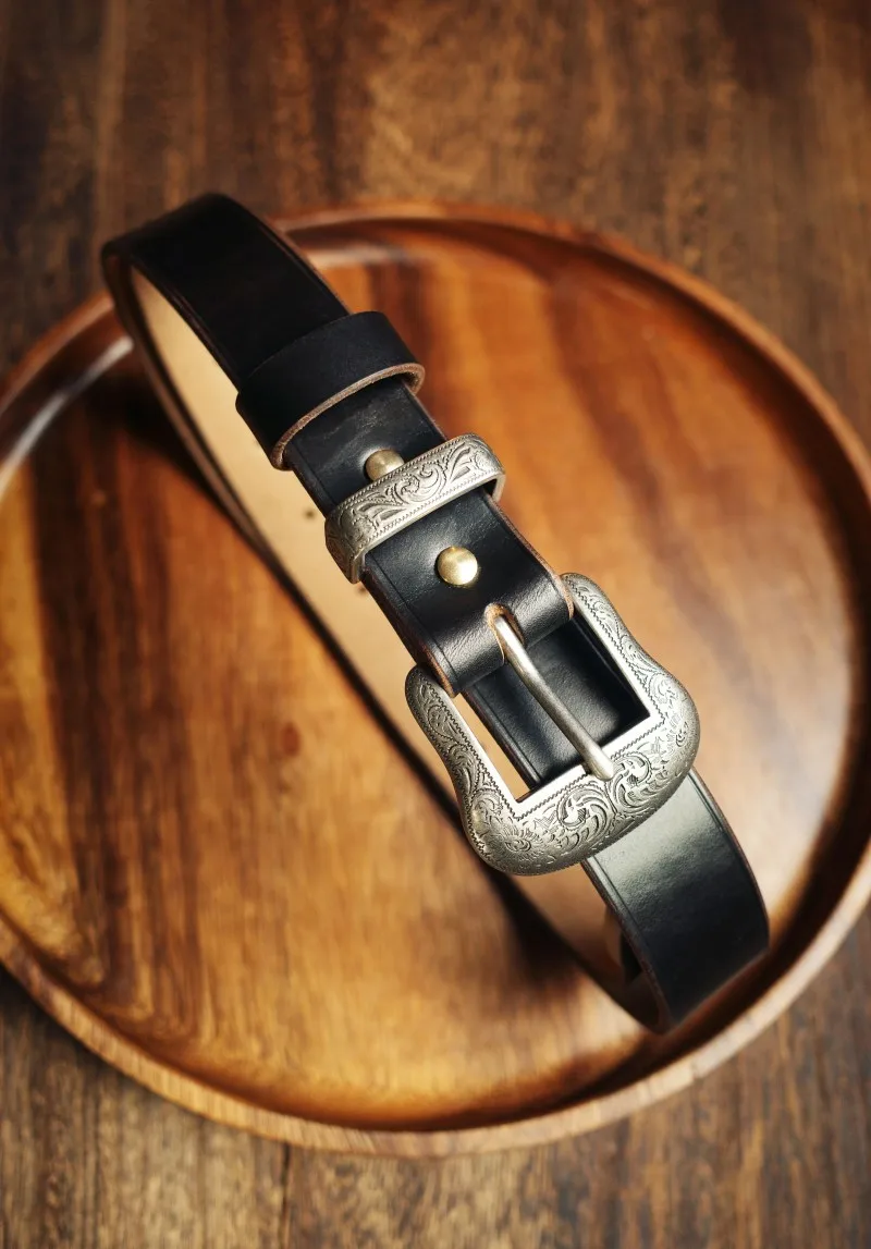 Horween Leather 30mm American Vintage Cavalry Belt 3-piece Set Tooled Floral Western Cowboy Genuine Leather Belt