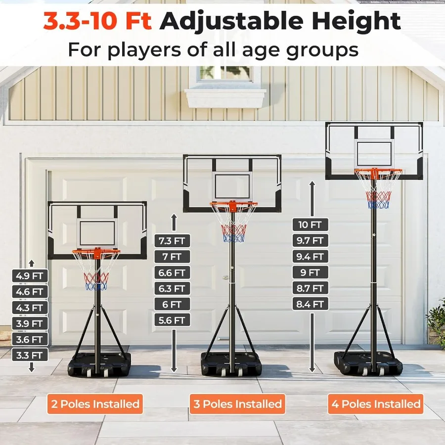 Basketball Hoop Outdoor 3.37 10 FT Adjustable Portable Basketball Goal with Wheels PC Backboard Fillable Base for Youth Adults