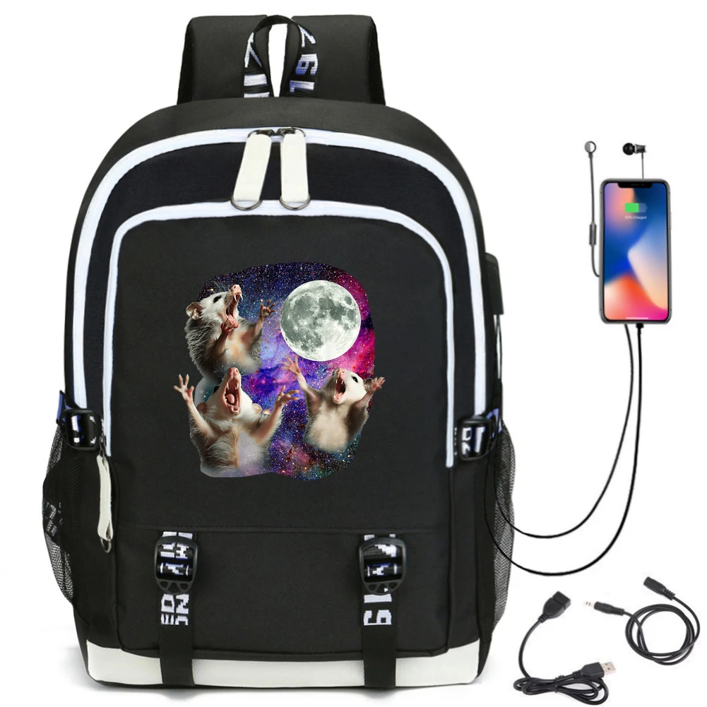 Three Possum Moon Backpack with USB Charging Port 3 Racoons Moon Bookbag Funny Weird Cursed Laptop Bag School Mochila