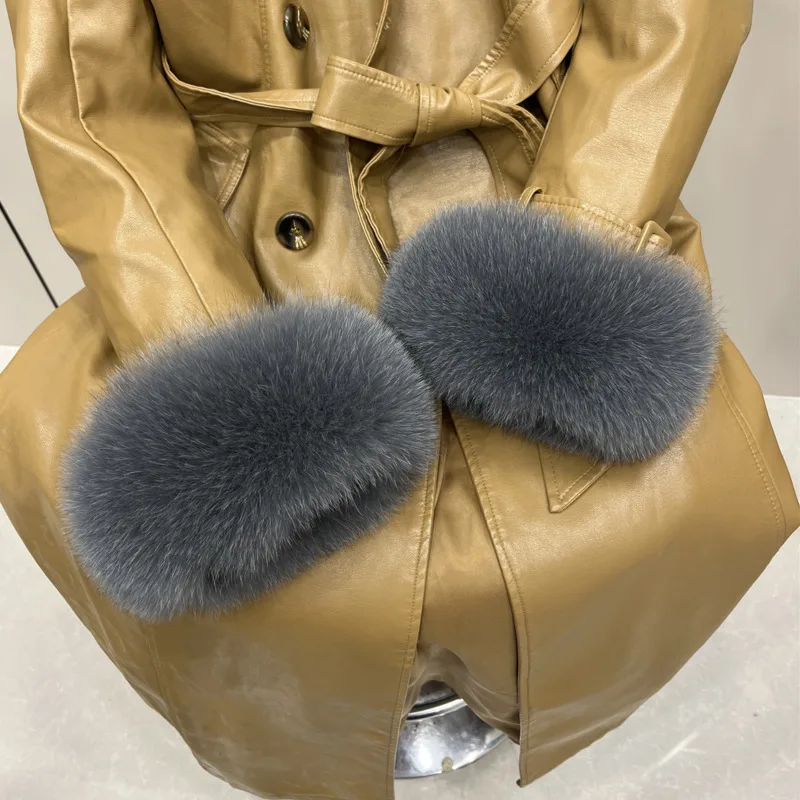 Puños de piel de zorro auténtica para mujer, pulsera de piel esponjosa, accesorios cálidos para el brazo, manguito de muñeca a prueba de viento de felpa para invierno, manga gruesa para el brazo