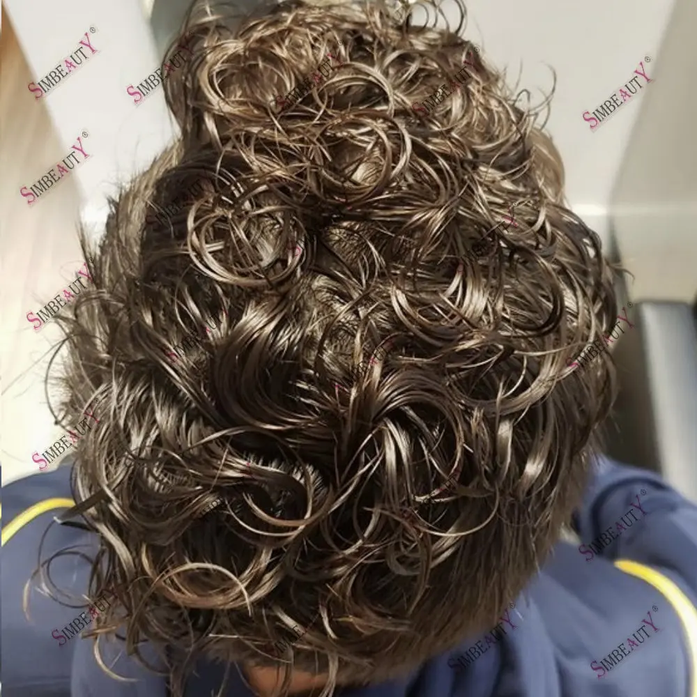 24Mm Krullend Mannen Toupetje Menselijk Haar V-Lusvormige Pu Pruiken Vervangingssystemen Voor Mannen Haarstuk Blonde Bruine Prothese Pruiken