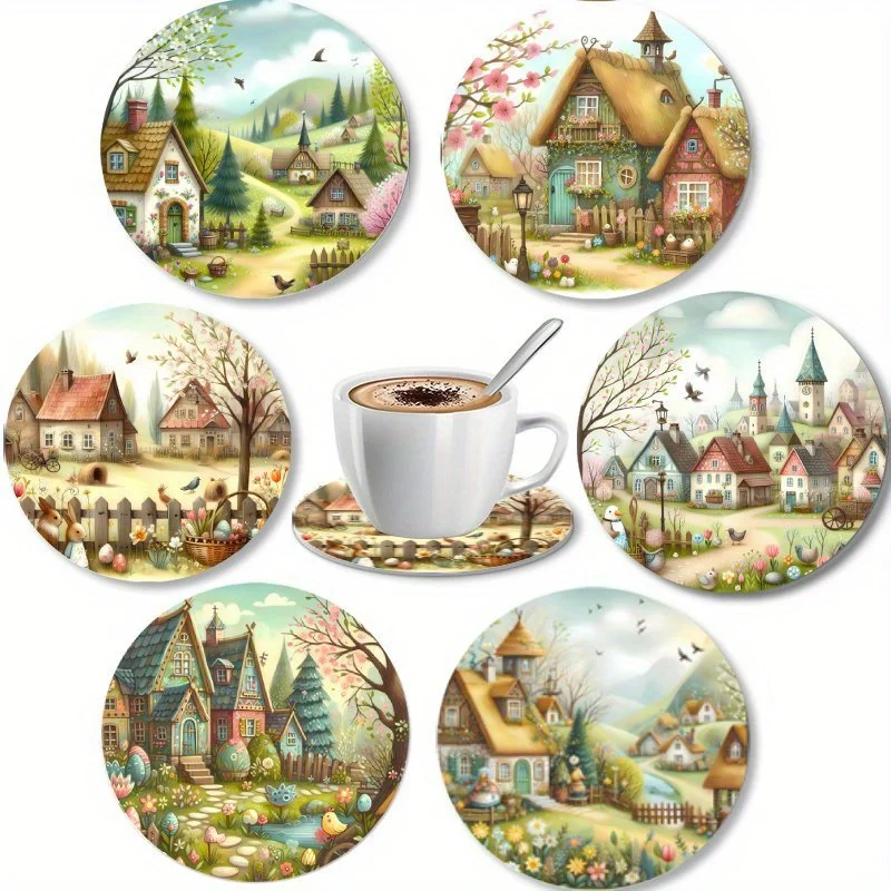 2D Warmth Fairy Tale Town Theme Wooden Coaster Lightweight Non-Slip Tabletop Protection for Restaurants Bars Coffee Shops Decor