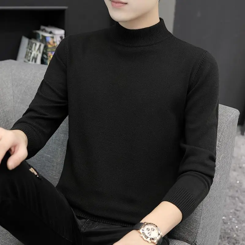 

2023 New Autumn and Winter Simple Solid Half High Neck Long Sleeve Versatile Handsome Warm Underlay Men's Knitted Sweater