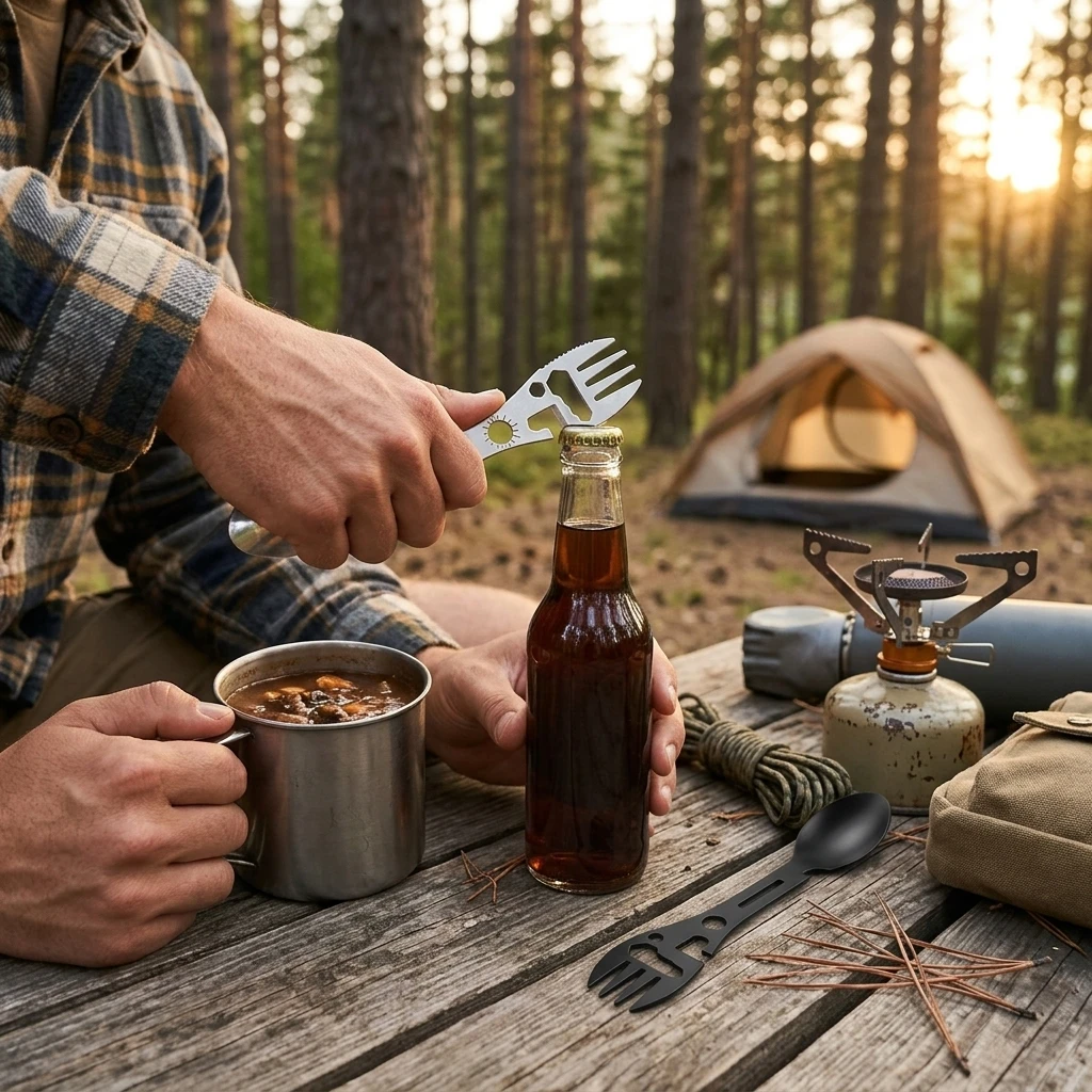 Survival Tool Multifunctional 10-in-1 Camping Gear for Adventurers Stainless Steel Fork Spoon Wrench Bottle Opener Portable