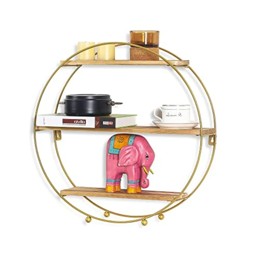 

Круглая настенная полка золотого цвета, 3-ярусная, из металла и дерева, набор круглых полок, настенный декор для гостиной, спальни, ванной комнаты, золотой цвет