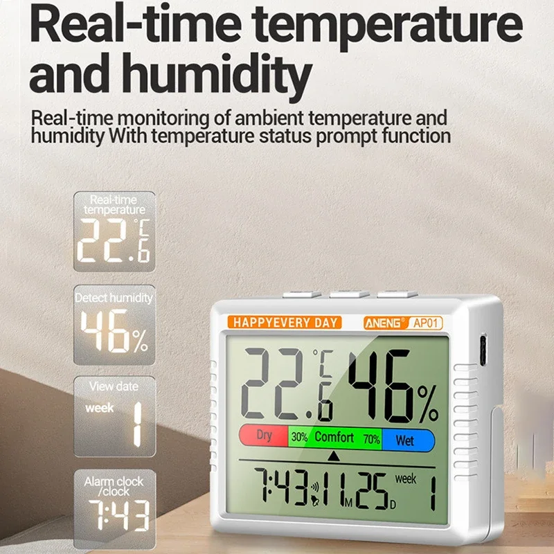 Termômetro digital higrômetro medidor de umidade temperatura ambiente interno despertador estação meteorológica higrômetro de ar medidor de umidade