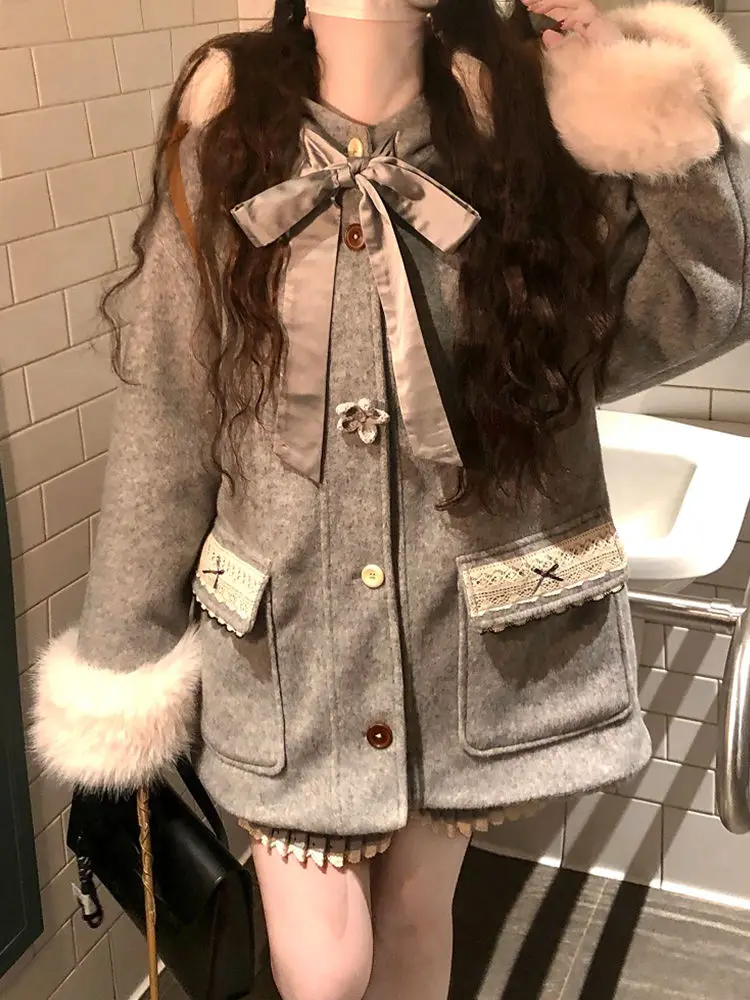 

Japan Sweet College Style Design Polka Dot Big Fur Collar Hooded Woolen Coat Winter Coat