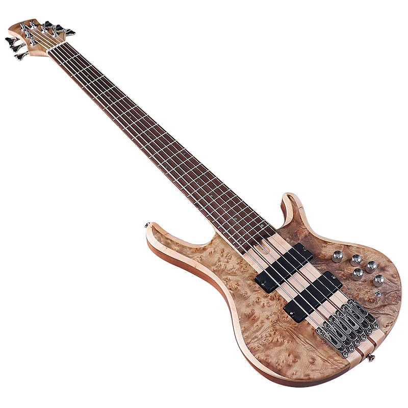 One Piece Tree Burl Top 6 String Electric Bass Guitar Active Guitarra Solid Okoume Wood Body  43 Inch Bass Guitar High Grade