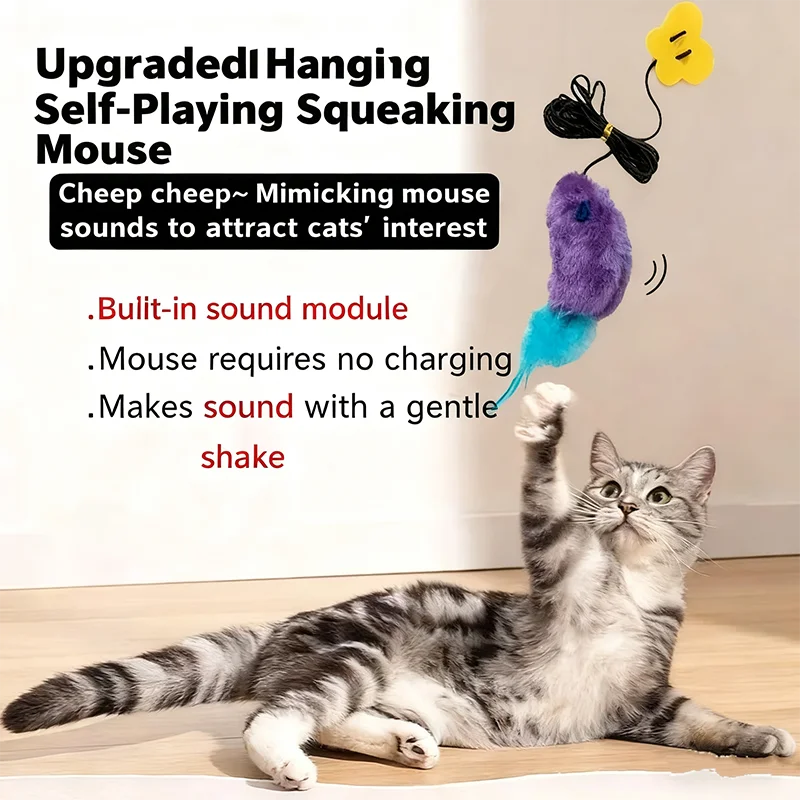 Selbsteinhaltendes Katzenspielzeug, simulierte hängende Maus, Tease-Stick mit Federn, kleines Katzen-Maus-Spielzeug, Katzenzubehör