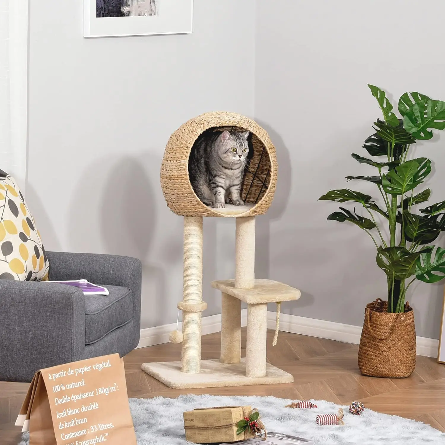 Pawhut Tree Scratcher for Cats Climbing Tower with Platforms House Ball and Rope Sisal Post 48 x 40 x 100 cm Beige cat house