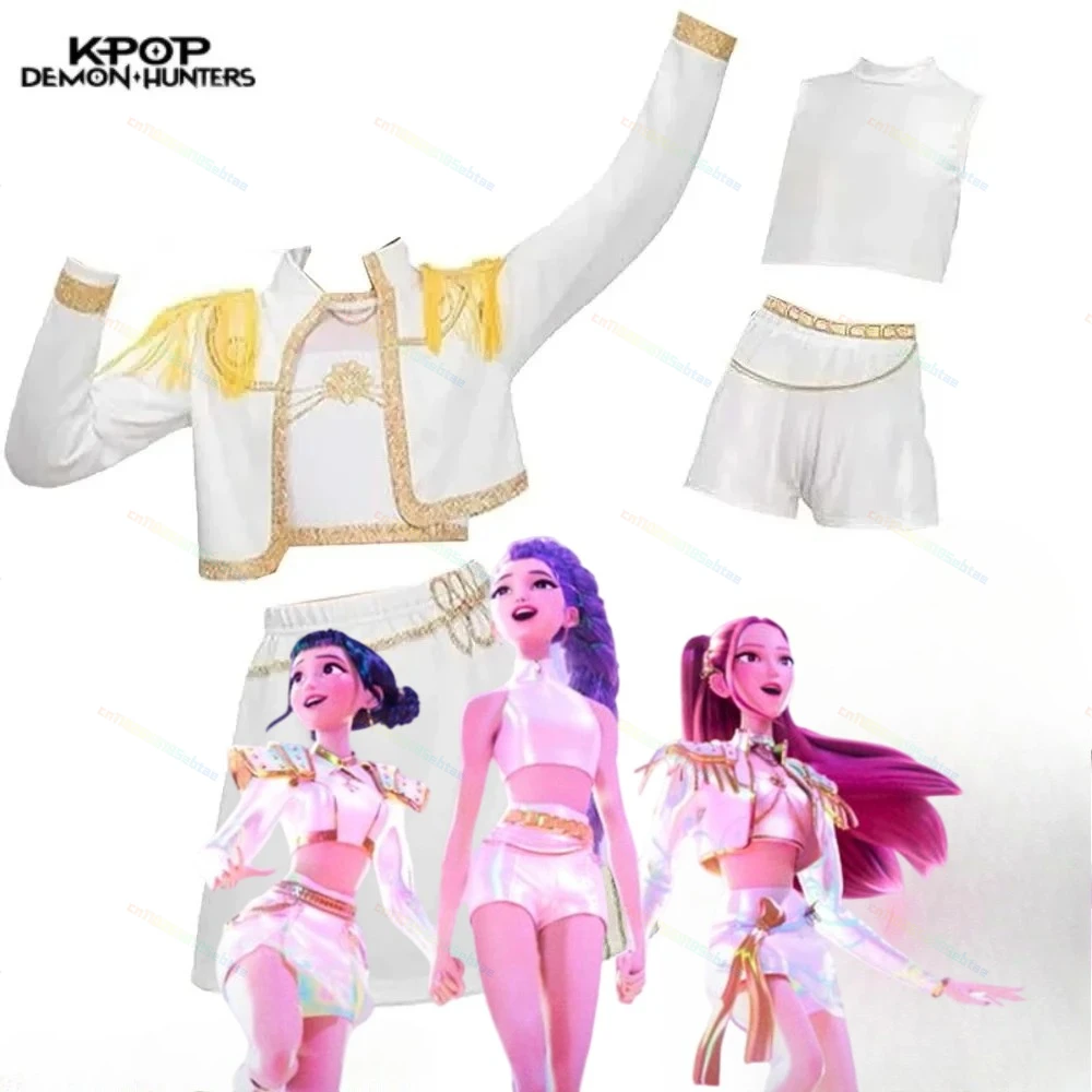

2025 Anime KPOP Demon Hunters Cosplay Costume White Shirt High Neck Crop Tank Top Shorts Gold Belt Halloween Outfit