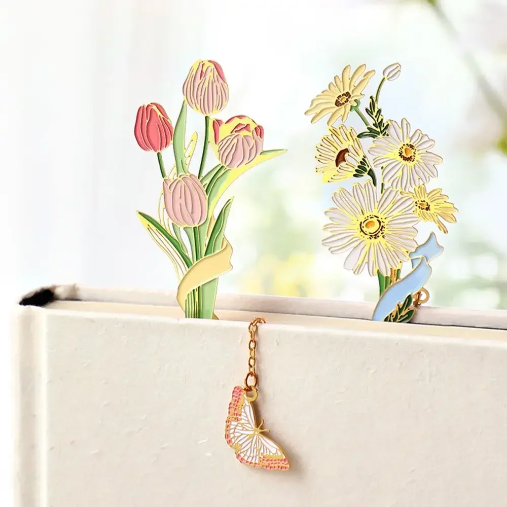 

New1set Creative School Hollow Space Festival Stationery Metal Bookmark Cherry Supply Office Reading Pendant Tulip Flower Brass