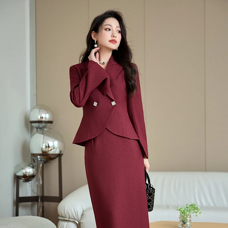 ZJYT Autumn Business Chic Midi Pencil Skirt Blazer Set Two Pieces for Women Elegant Outfit Flare Sleeve Jacket Suit Korean Style