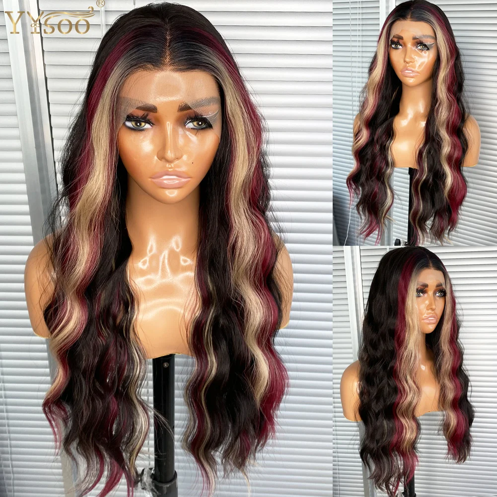 

Long Highlights 13x4 Futura Synthetic Lace Front Wig For Black Women Water Wave Pre Plucked Hairline Glueless Half Hand Tied Wig