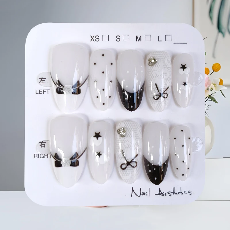10 Uds. De encaje en forma de almendra con lazo de lunares de estilo francés, pegatinas para decoración de uñas en blanco y negro, prensa para uñas postizas
