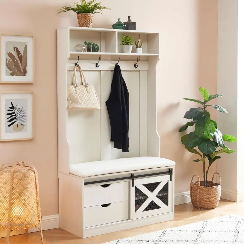 3-in-1 White Hall Tree with Bench, Coat Rack, and Storage, Ideal for Mudroom, Living Room, and Hallway