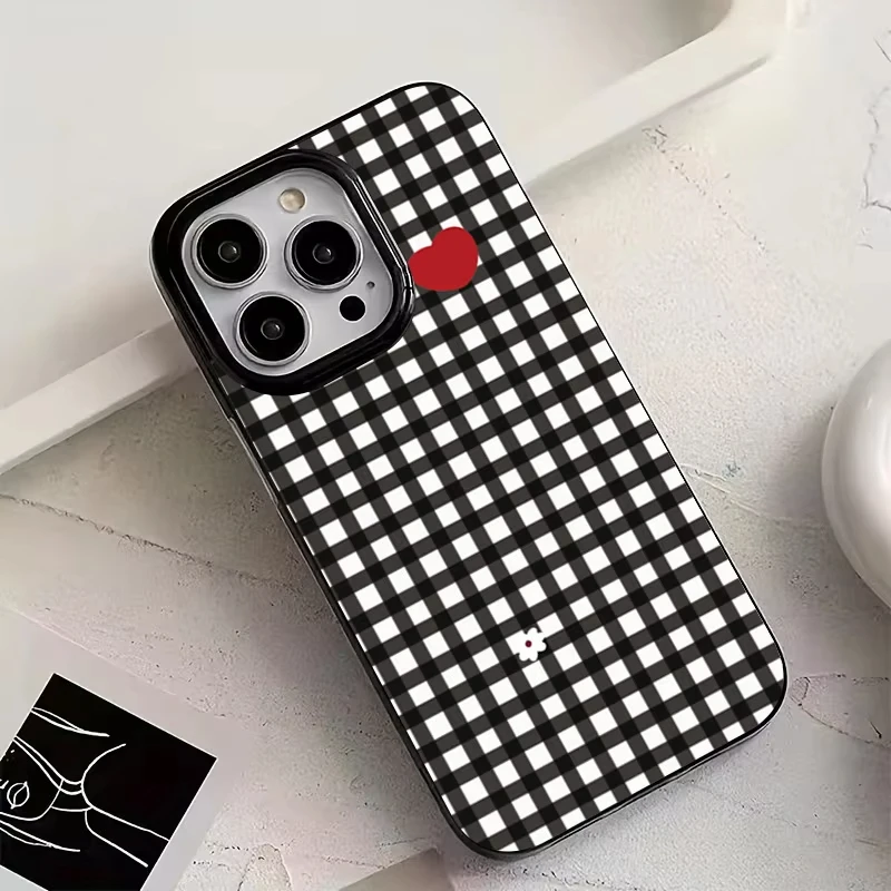 

Модный чехол для телефона с клетчатым узором и сердечками для iPhone 17 Air 16 Pro Max 15 14 Plus 13 12 11, противоударная силиконовая задняя крышка