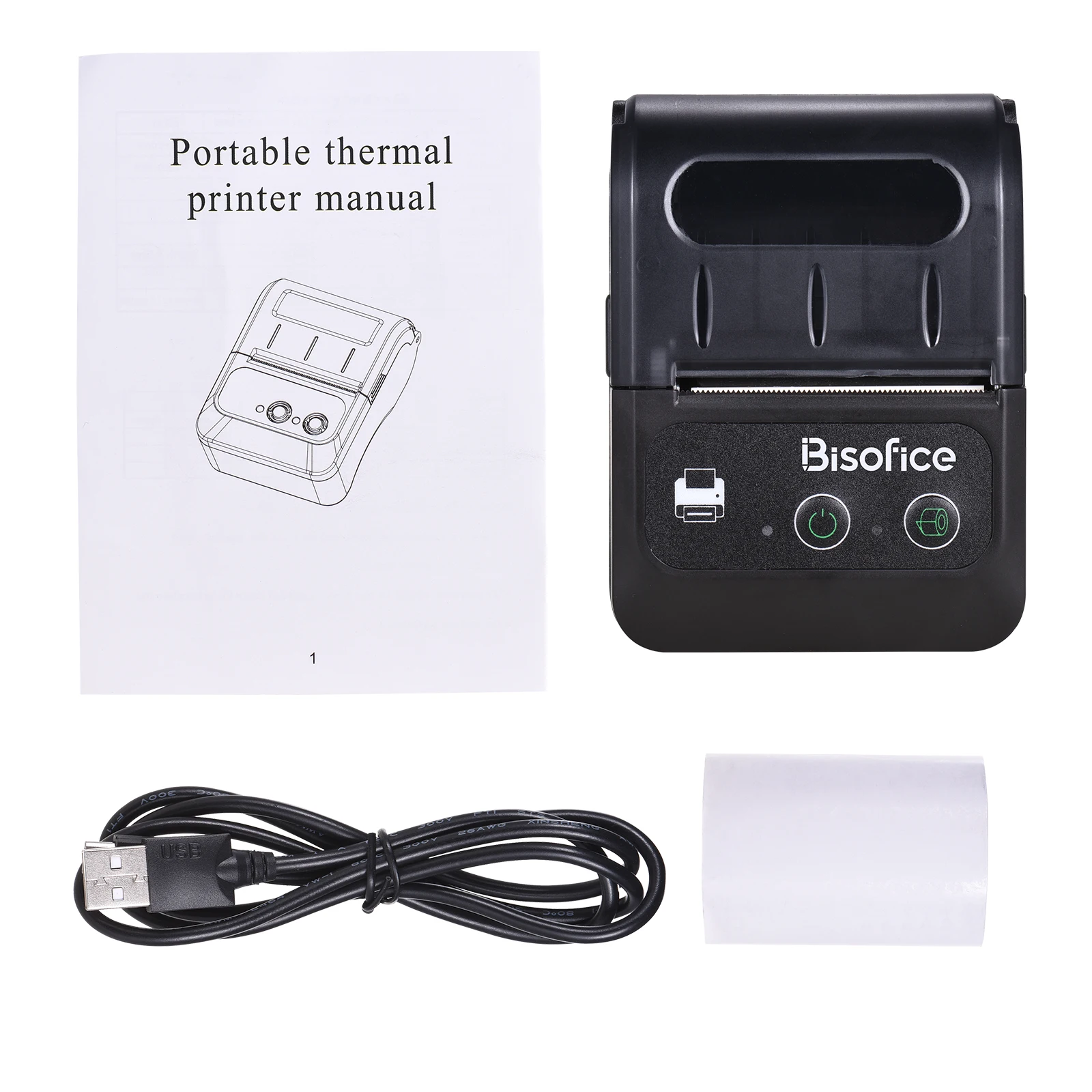 Bisofice Mini BT Wireless Mobile Label Printer 58mm 2 Inch Thermal Receipt Printer  USB Bill POS Support ESC/POS Print Command