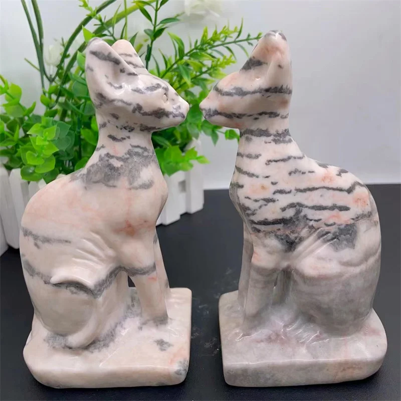 

14.5CM Natural Pink Zebra Stone Egyptian Mau Cat Carving Powerful Animal Healing Office Desktop Furniture Home Decoration 1pcs