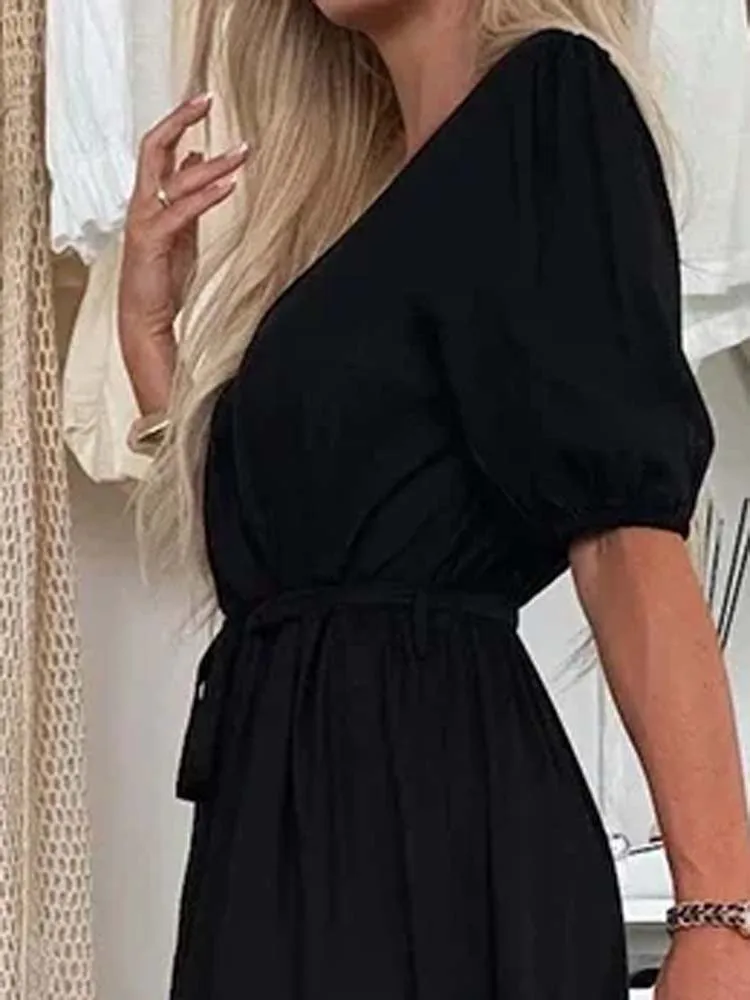 Vestido liso de retazos con mangas abullonadas, vestido Maxi de playa de verano, ropa bohemia elegante para mujer, vestido con cordón de media manga con cuello en V