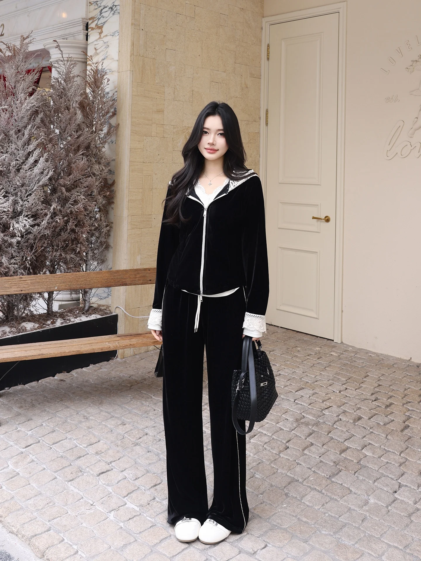 

Bla Velvet Witch Set ME Women's Faion Spring Outfit Lace Splicing Anti-Aging Two-Piece Suit Long Sve Zipper Casual Sle