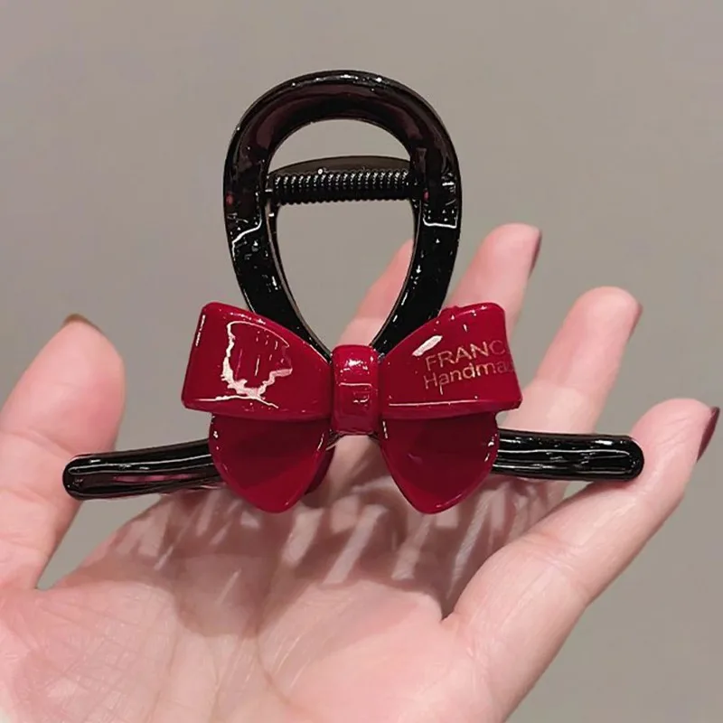 Korean Style Red Bowknot Hair Claw Gold Letter Pattern Exquisite Acrylic Small Hair Clip Fashionable Summer Headwear