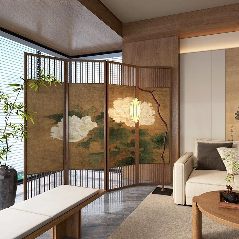Retro flower partition folding mobile new Chinese style living room office blocking hotel tea room solid wood folding 2