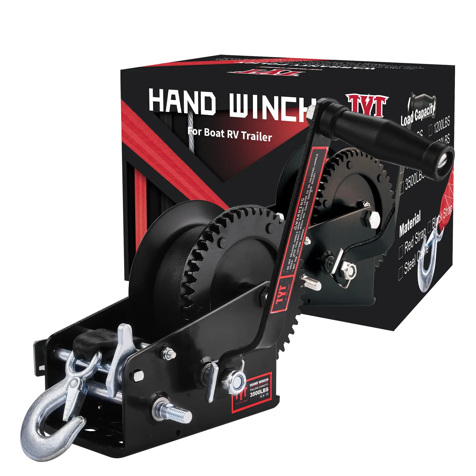 3500LB Boat Trailer Strap Winch with 10M Black Polyster Strap, Hardened Steel 2 Gear Ratio 4:1/8:1 Hand Crank Winch with Heavy D