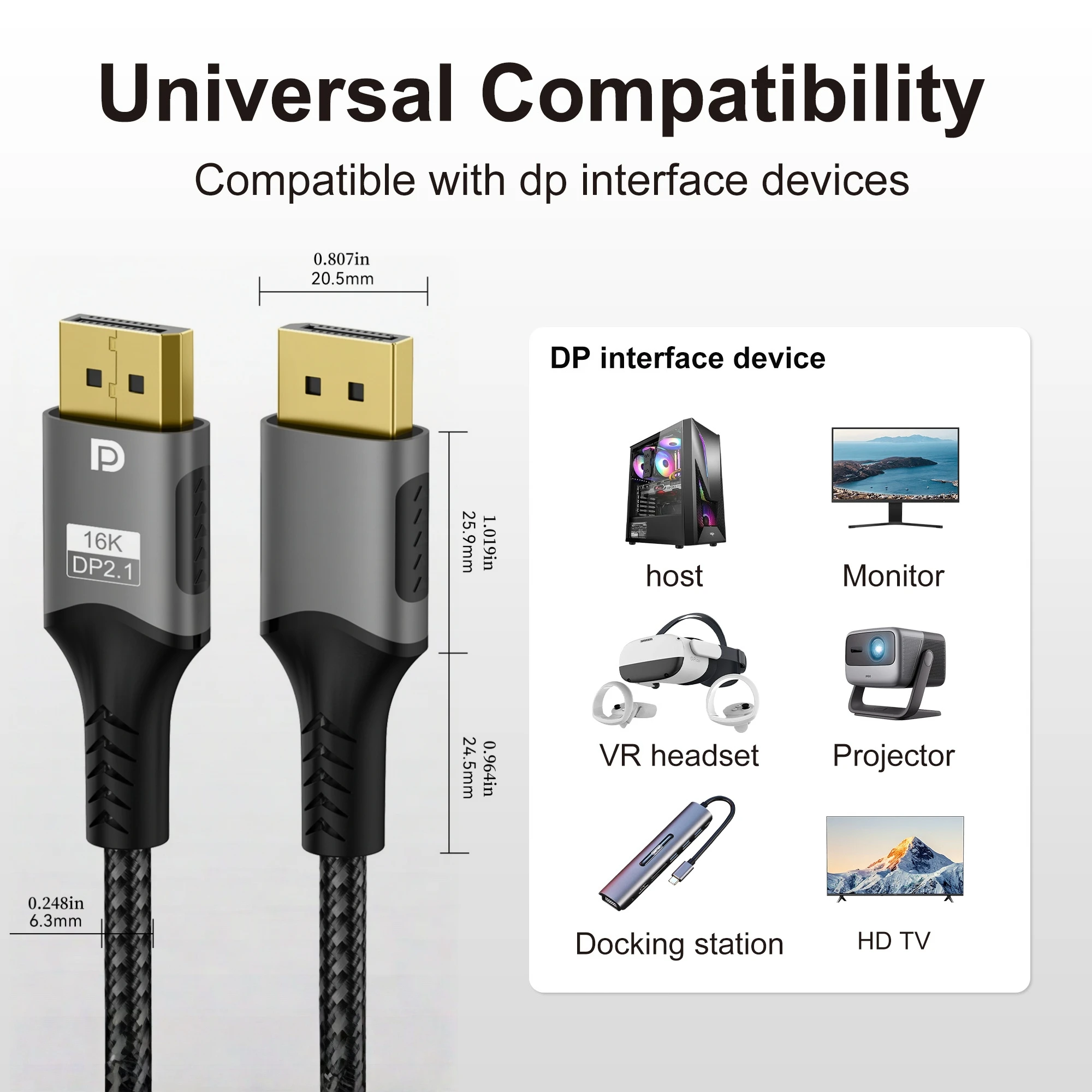 16K DisplayPort 2.1 Cable DP 2.0 16K@60Hz,8K@120Hz,4K@240Hz 165Hz144Hz 80Gbps HDR,HDCP DSC 1.2a Compatible Monitors 4090 7900xtx