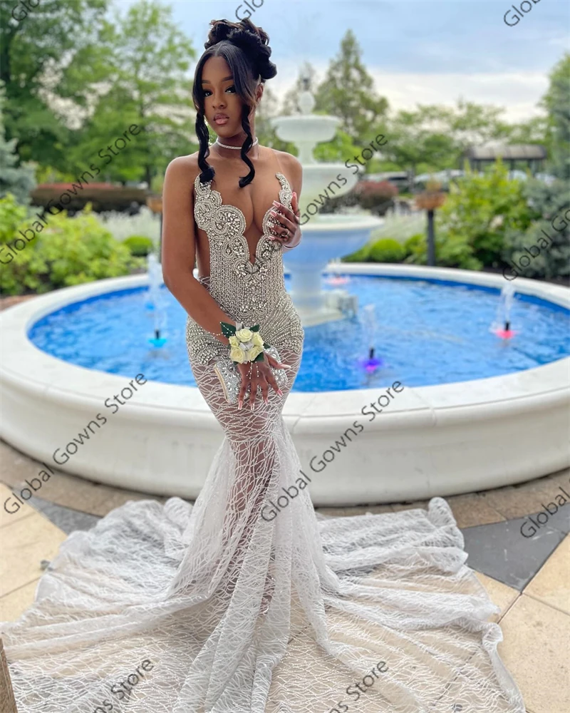 White O N Long Prom Dresses Black Girls Beaded Crystal Rhinestone 2024 Birthday Luxury Dress Mermaid Evening Dresses Customized