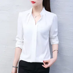 Women V-Neck Blouses Solid Color Spring Autumn Elegant Streetwear Casual Ladies Long Sleeve Shirts Female Loose Pullover Tops